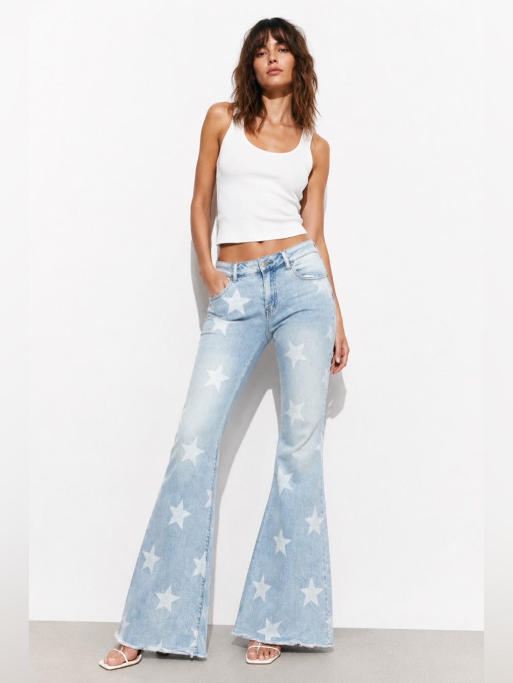VENUS Star Print Flare Jeans Y2K Light Wash Wide Leg Festival Boho 10 Cowgirl